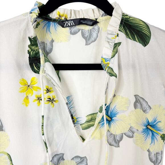 Zara‎ Floral Tie Neck Tunic Blouse Womens Small Ivory Tropical Print - Picture 3 of 4